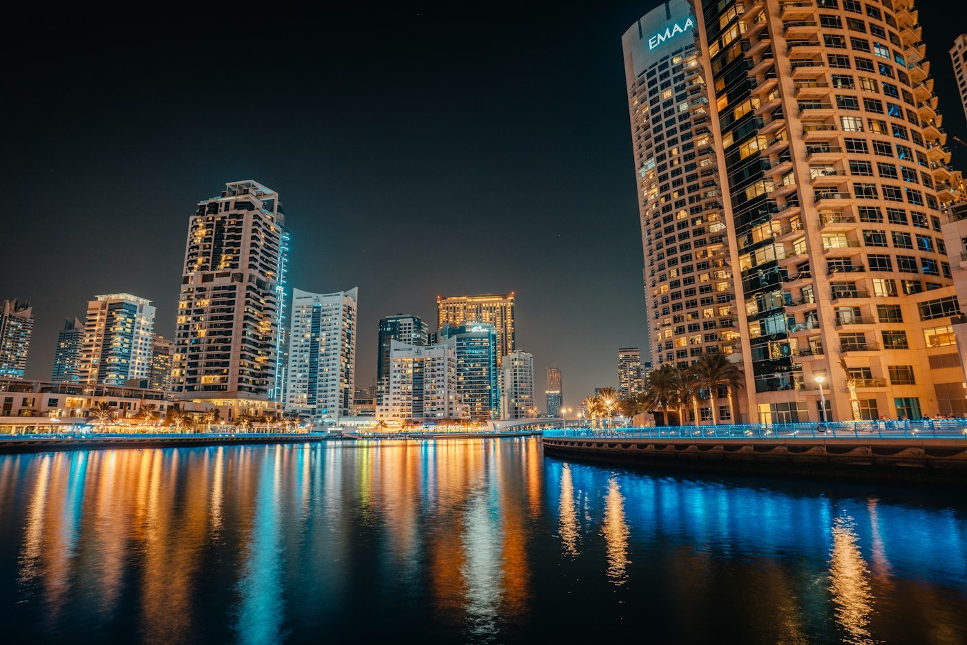 Dubai waterfront skyline at night